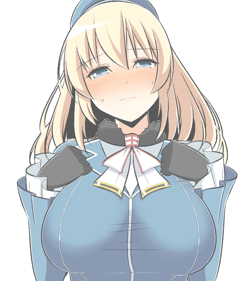 1girl alternate_eye_color atago_(kantai_collection) beret black_gloves blonde_hair blue_eyes blush breasts commentary_request gloves hair_between_eyes half-closed_eyes hat kantai_collection large_breasts long_hair long_sleeves looking_at_viewer masupa_kiriu military military_uniform simple_background solo uniform white_background