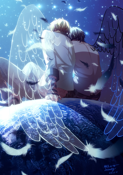 2boys anhei_dabai back black_hair blonde_hair character_request feathered_wings feathers from_behind from_below long_sleeves male_focus multiple_boys pants shade shoes single_wing sitting sleeves_past_wrists star_(sky) striped_sleeves transparent_wings wings yume_oukoku_to_nemureru_100-nin_no_ouji-sama