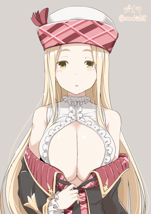 1girl bare_shoulders blonde_hair blush breasts brown_eyes cleavage diola_(granblue_fantasy) granblue_fantasy hat huge_breasts kichihachi long_hair looking_at_viewer open_mouth simple_background solo twitter_username undressing