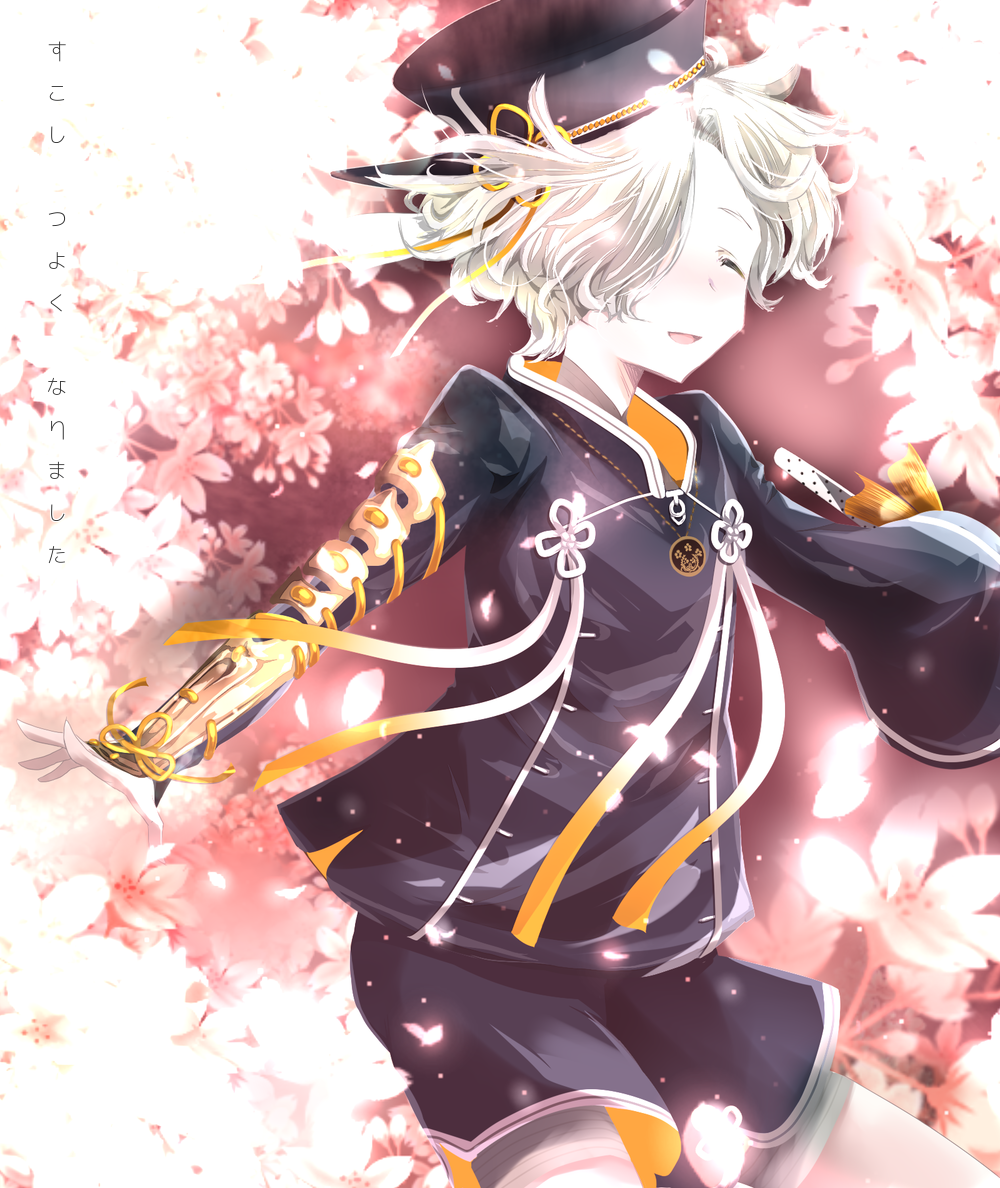 1boy armor cherry_blossoms cimeri closed_eyes gokotai hair_over_one_eye hat japanese_armor kiwame_(touken_ranbu) kote male_focus petals shorts smile touken_ranbu white_hair