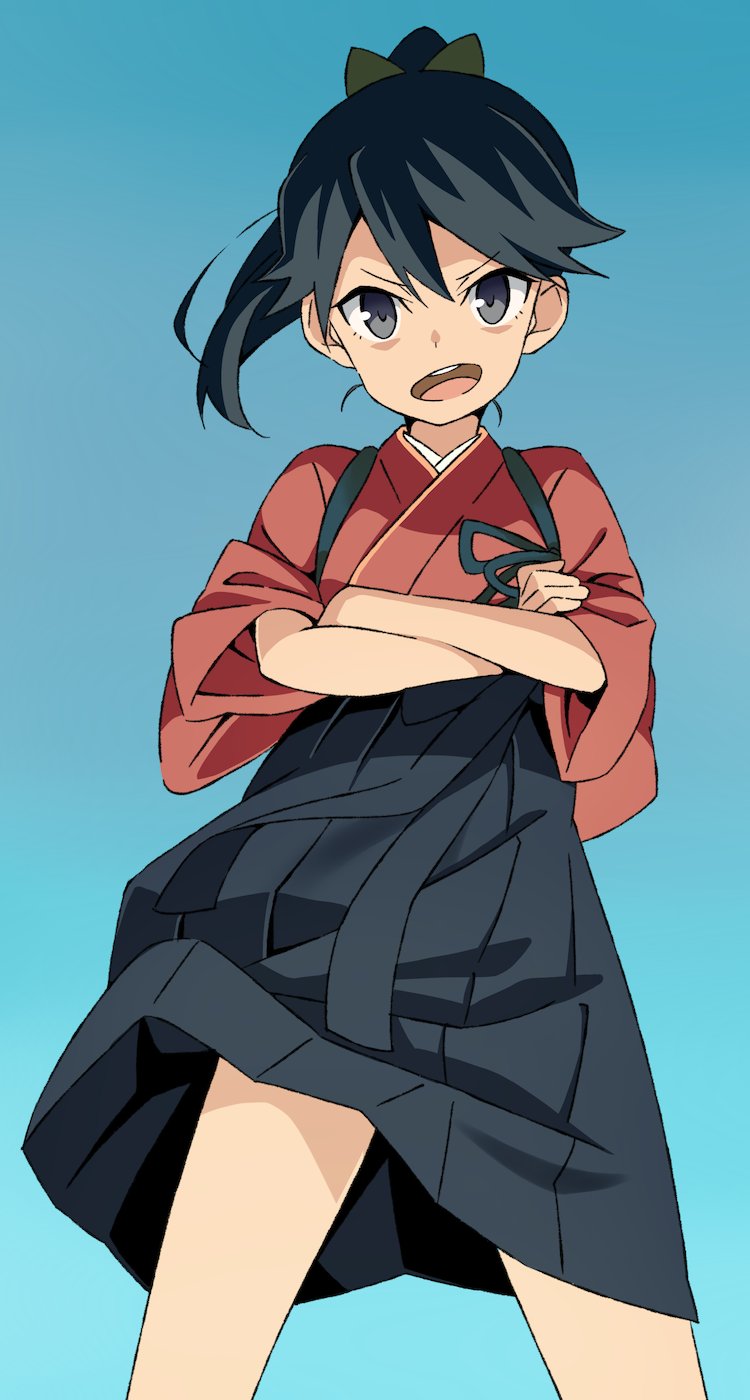 1girl akitetsu black_eyes black_hair commentary cowboy_shot crossed_arms hakama highres houshou_(kantai_collection) japanese_clothes kantai_collection kimono no_legwear ponytail simple_background solo tasuki younger