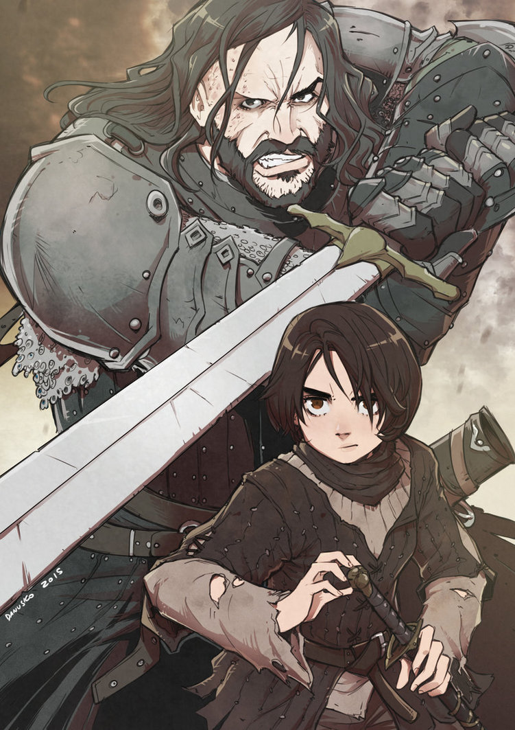1boy 1girl 2015 age_difference angry armor artist_name arya_stark beard belt black_eyes black_hair brown_eyes brown_hair chainmail child clenched_teeth damaged danusko facial_hair fantasy game_of_thrones gauntlets hair_over_one_eye height_difference holding holding_weapon long_sleeves looking_at_viewer manly pauldrons sandor_clegane scar scarf serious sheath short_hair size_difference sword teeth torn_clothes weapon