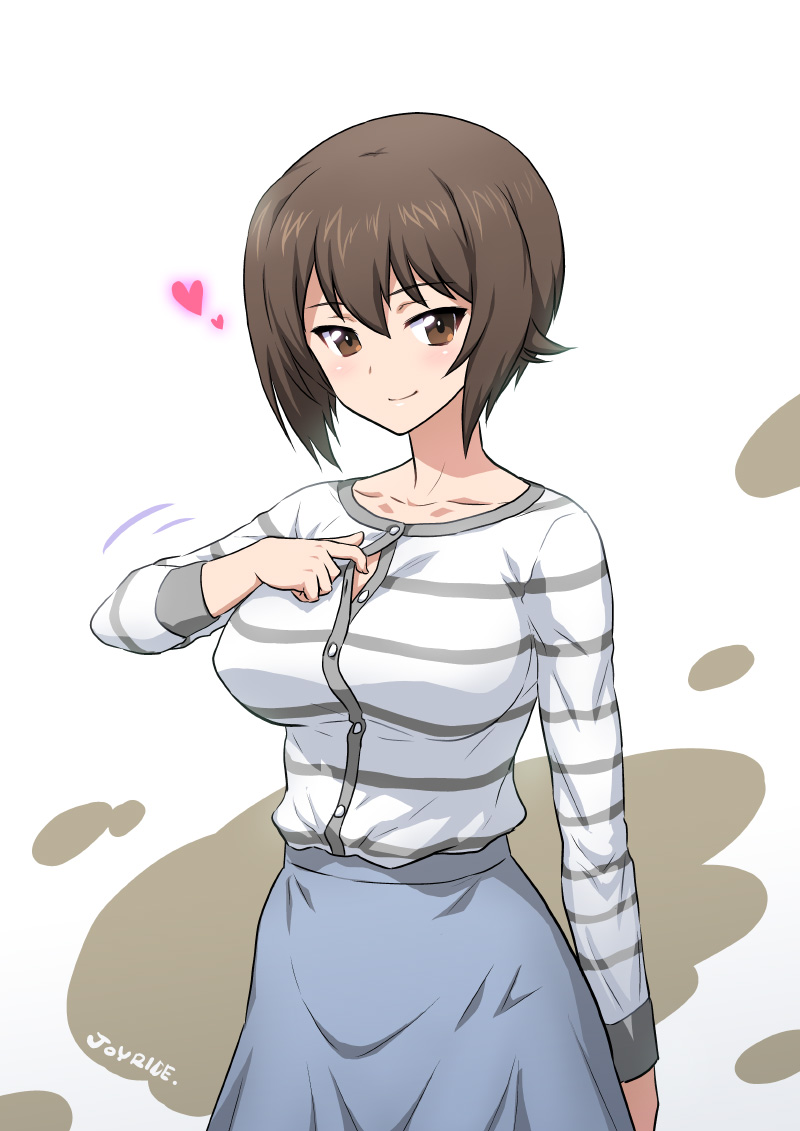 1girl blush breasts brown_eyes brown_hair girls_und_panzer joy_ride large_breasts looking_at_viewer nishizumi_maho shirt short_hair skirt smile solo striped striped_shirt unbuttoning