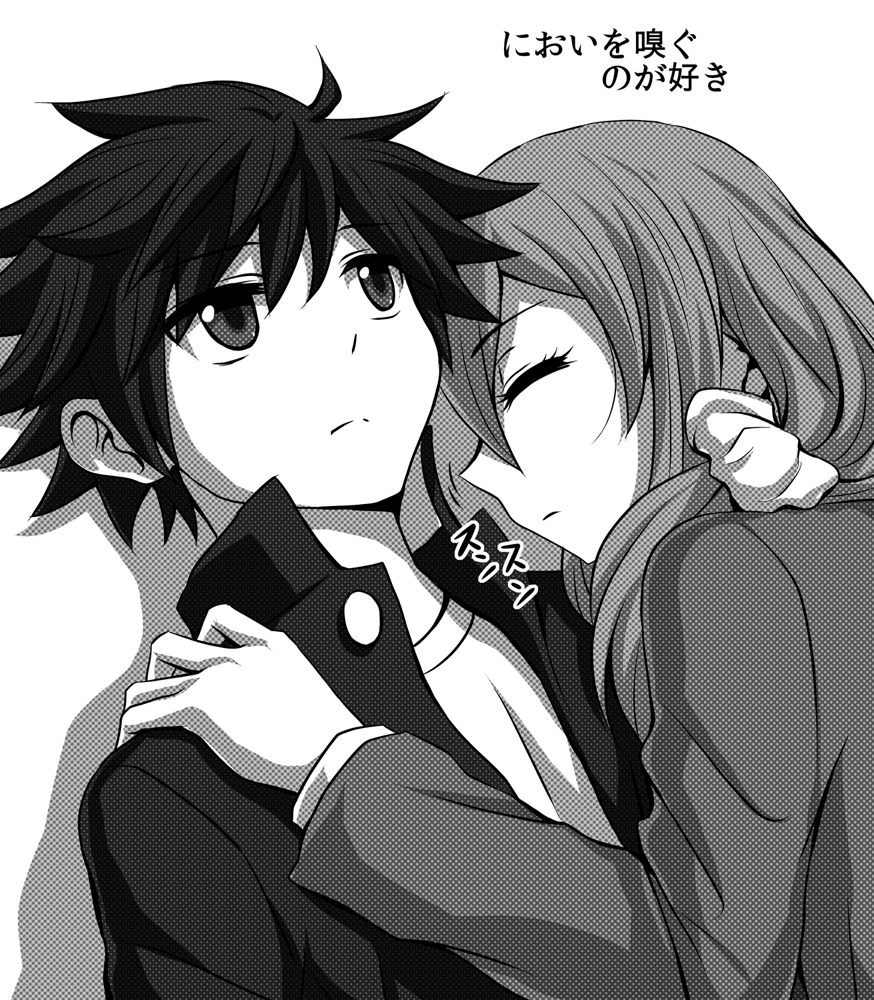 1boy 1girl blazer closed_eyes comic dutch_angle expressionless frown gakuran gotoba_sora hair_over_shoulder hand_on_another's_shoulder innocent_red jacket long_hair long_sleeves low-tied_long_hair low_ponytail lying_on_person monochrome sanada_tatsuki school_uniform scrunchie smelling translated upper_body watarui