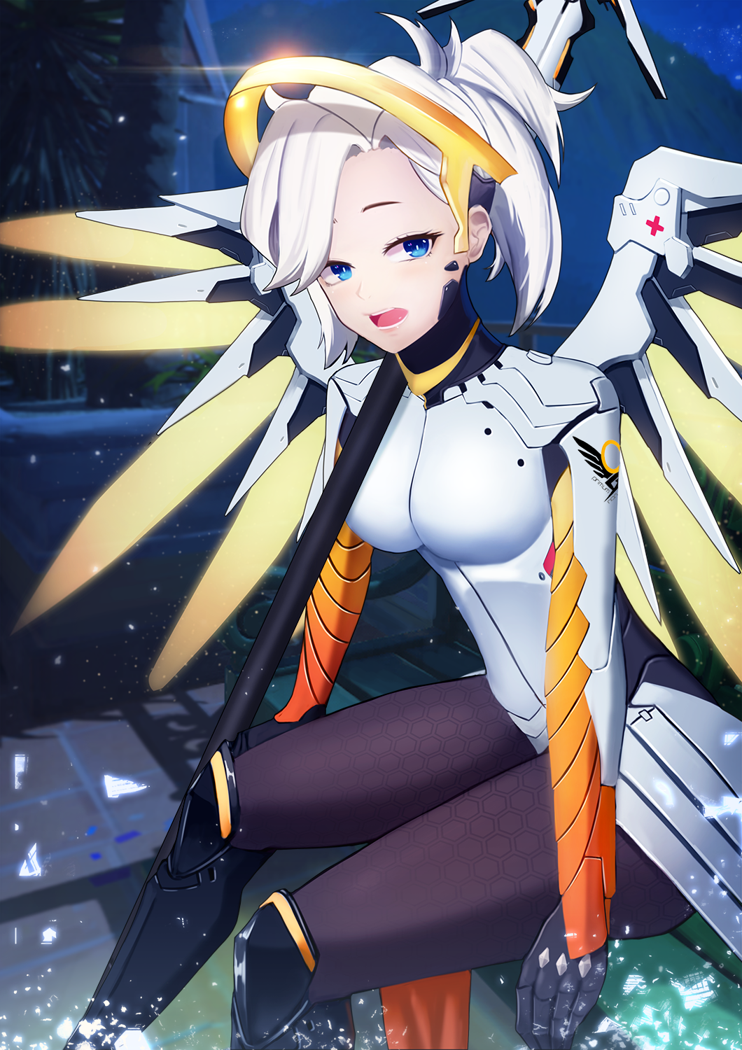 1girl blonde_hair blue_eyes bodysuit boots breasts daydream_(zhdkffk21) gloves high_ponytail highres lips mechanical_halo mechanical_wings mercy_(overwatch) open_mouth overwatch pantyhose ponytail short_hair sitting solo staff wings