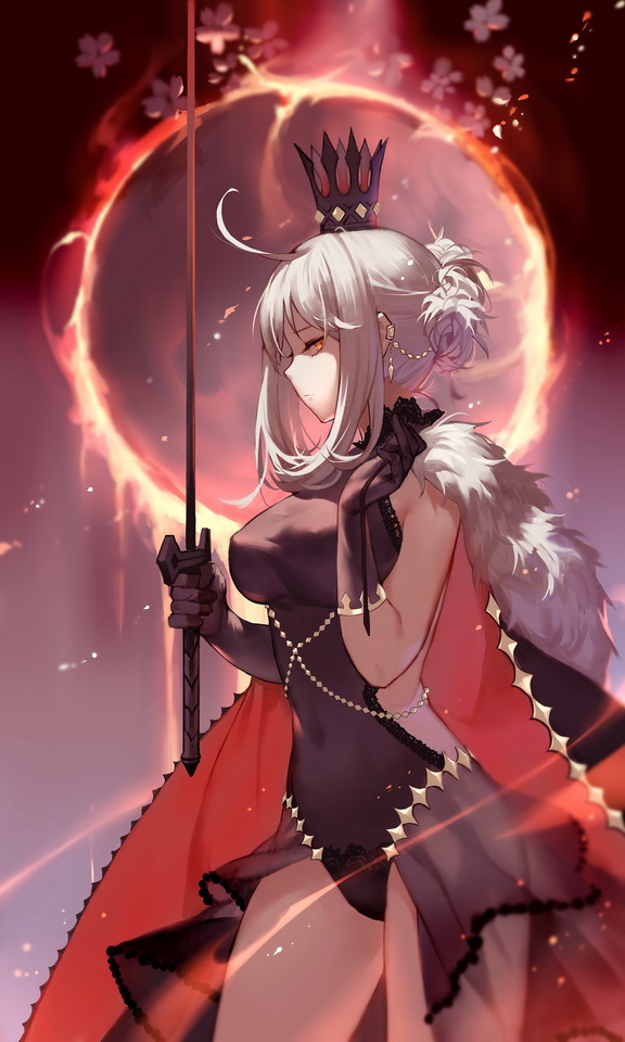 1girl ahoge bangs beads black_gloves black_ribbon blurry breasts burning cape covered_navel crown ear_clip eclipse eyelashes fate_(series) fire flower fur_trim gloves grey_hair hair_ornament holding holding_sword holding_weapon joseph_lee lace_trim large_breasts leotard light_particles long_hair looking_at_viewer profile red_eyes ribbon saber saber_alter see-through shade sidelocks silver_hair skull sleeveless solo sword weapon white_hair yellow_eyes