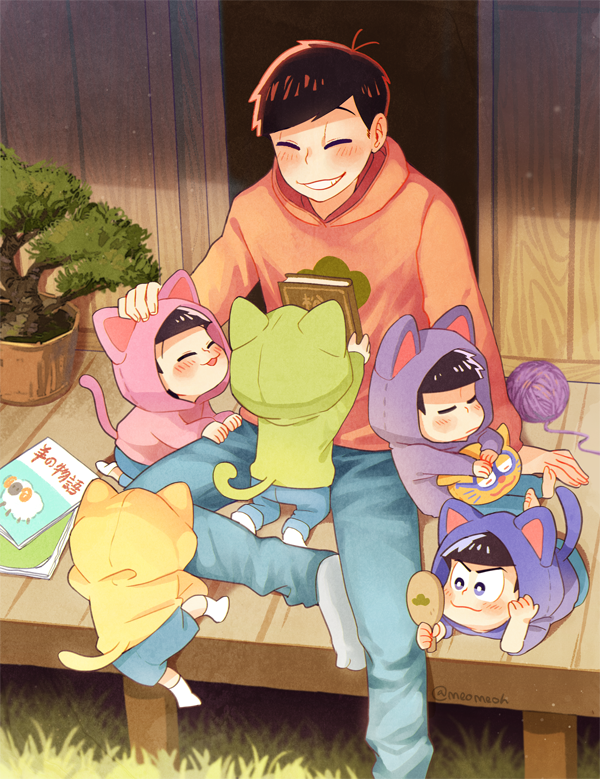 6+boys ^_^ animal_ears animal_hood back barefoot black_hair blue_eyes blue_pants blue_shorts bonsai book brothers cat_ears cat_hood cat_tail chibi climbing closed_eyes esper_nyanko fake_animal_ears grass grin hand_mirror hand_on_another's_head holding holding_book hood hood_down hoodie kneeling leaning_back light_particles long_sleeves lying male_focus matsuno_choromatsu matsuno_ichimatsu matsuno_juushimatsu matsuno_karamatsu matsuno_osomatsu matsuno_todomatsu meoon mirror multiple_boys no_shoes on_stomach osomatsu-kun osomatsu-san pants petting plant potted_plant seiza sextuplets shade sheep shorts siblings sitting sleeping smile socks stitches stuffed_animal stuffed_cat stuffed_toy tail tree yarnball