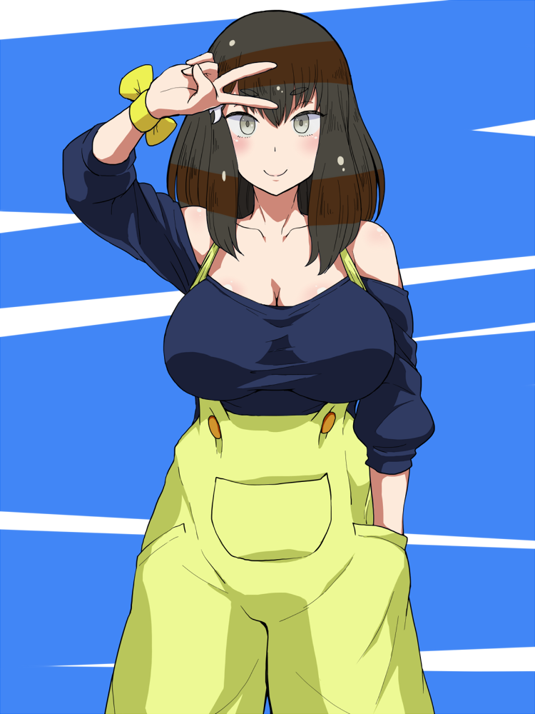 1girl bare_shoulders blush breasts brown_hair cleavage collarbone commentary_request cowboy_shot gatchaman_crowds grey_eyes hand_in_pocket ichinose_hajime large_breasts long_hair looking_at_viewer off-shoulder_shirt parumezan shirt smile solo v_over_eye