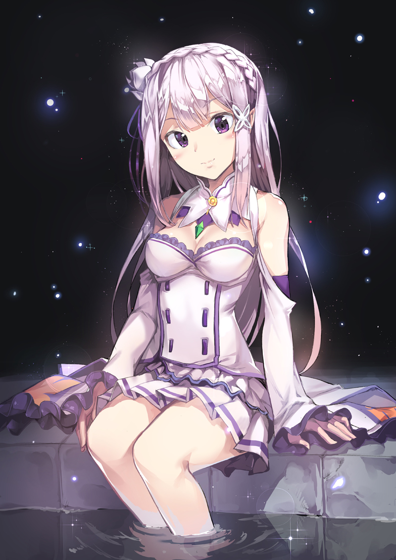 1girl bare_shoulders blush braid breasts cleavage cleavage_cutout commentary_request detached_sleeves dress elf emilia_(re:zero) flower hair_flower hair_ornament hair_ribbon long_hair looking_at_viewer newey pointy_ears re:zero_kara_hajimeru_isekai_seikatsu ribbon silver_hair sitting smile soaking_feet solo violet_eyes wide_sleeves