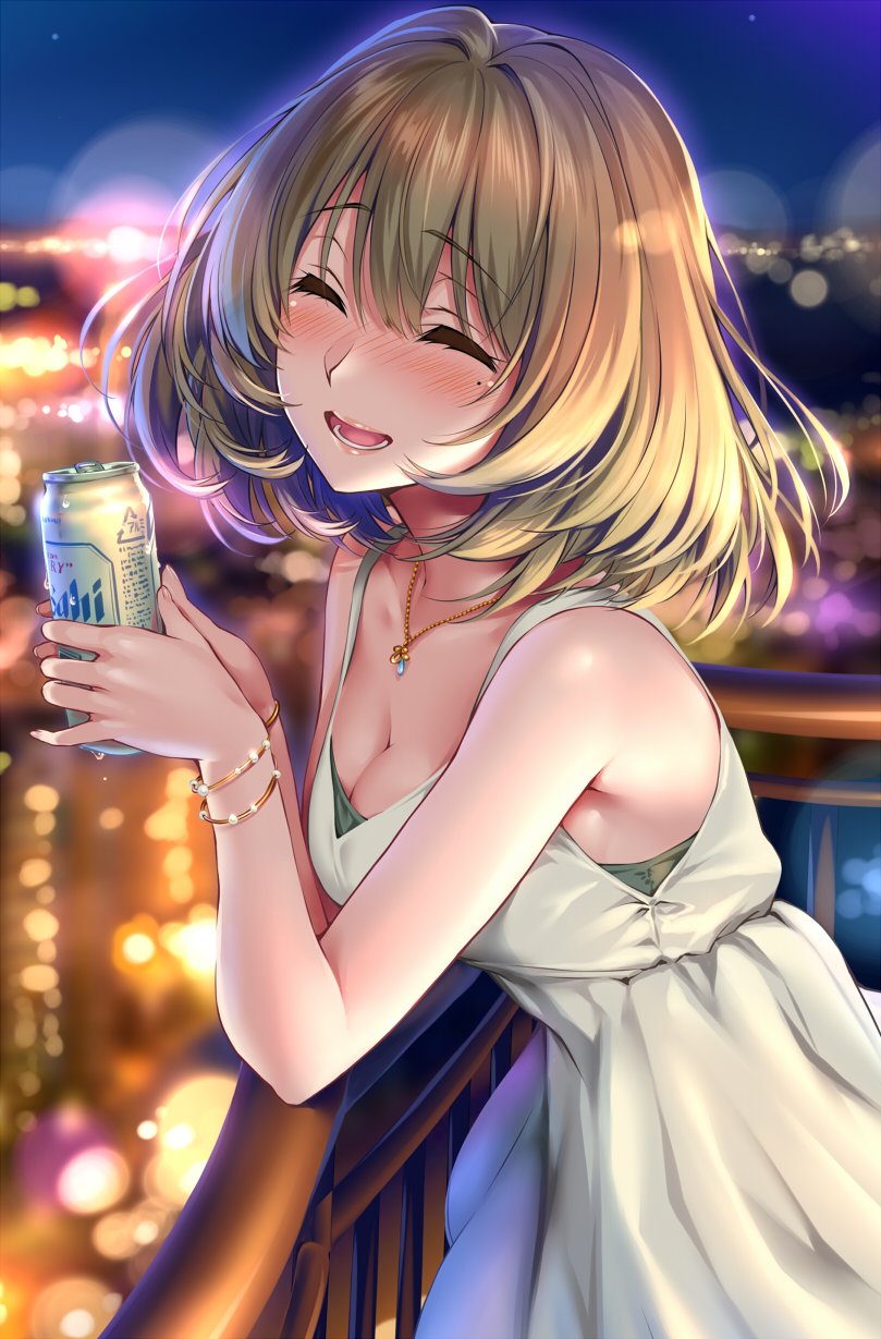 1girl :d ^_^ asahi_(beer) balcony beer_can blurry blush bokeh bracelet breasts brown_hair city_lights cleavage closed_eyes cowboy_shot depth_of_field dress evening eyebrows eyebrows_visible_through_hair from_side highres horizon idolmaster idolmaster_cinderella_girls jewelry leaning leaning_against_railing mole mole_under_eye necklace open_mouth outdoors piromizu short_hair smile solo takagaki_kaede white_dress