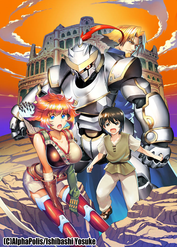 1girl 3boys :d armor artist_name bare_shoulders boots bow_(weapon) breasts cleavage clouds cloudy_sky collarbone colosseum commentary_request copyright_name facial_hair full_armor goatee hair_intakes ishibashi_yosuke large_breasts looking_at_viewer mismatched_sleeves multiple_boys official_art open_mouth quiver red_legwear short_hair short_sleeves sitting sky smile spirit_migration thigh-highs thigh_boots tunic weapon