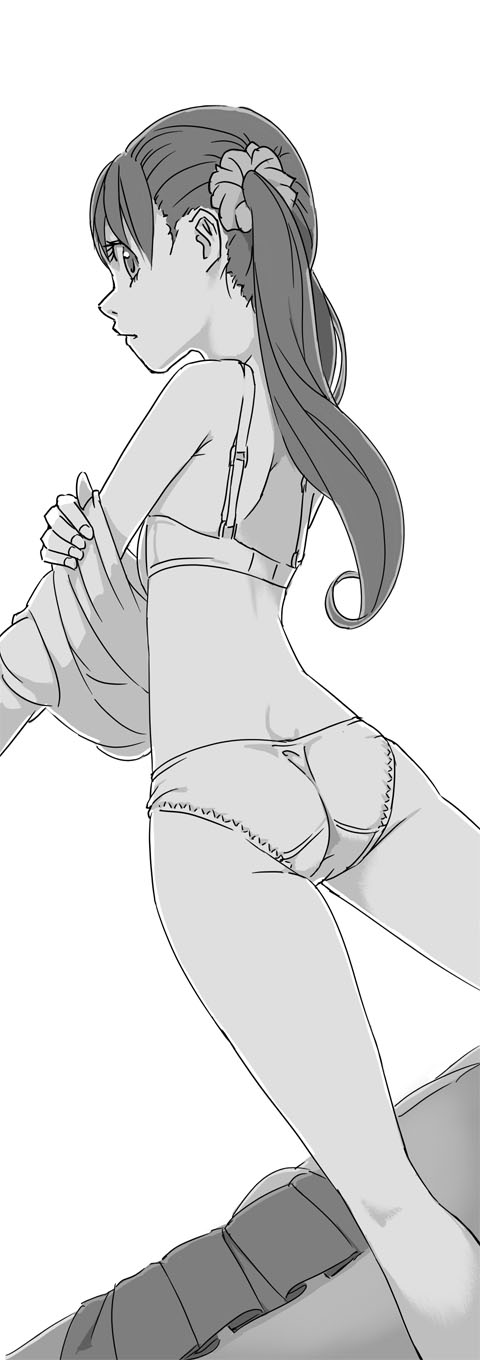 1girl akinbo_(hyouka_fuyou) ass blush bra from_behind highres long_hair looking_back monochrome panties precure sakagami_ayumi solo twintails underwear