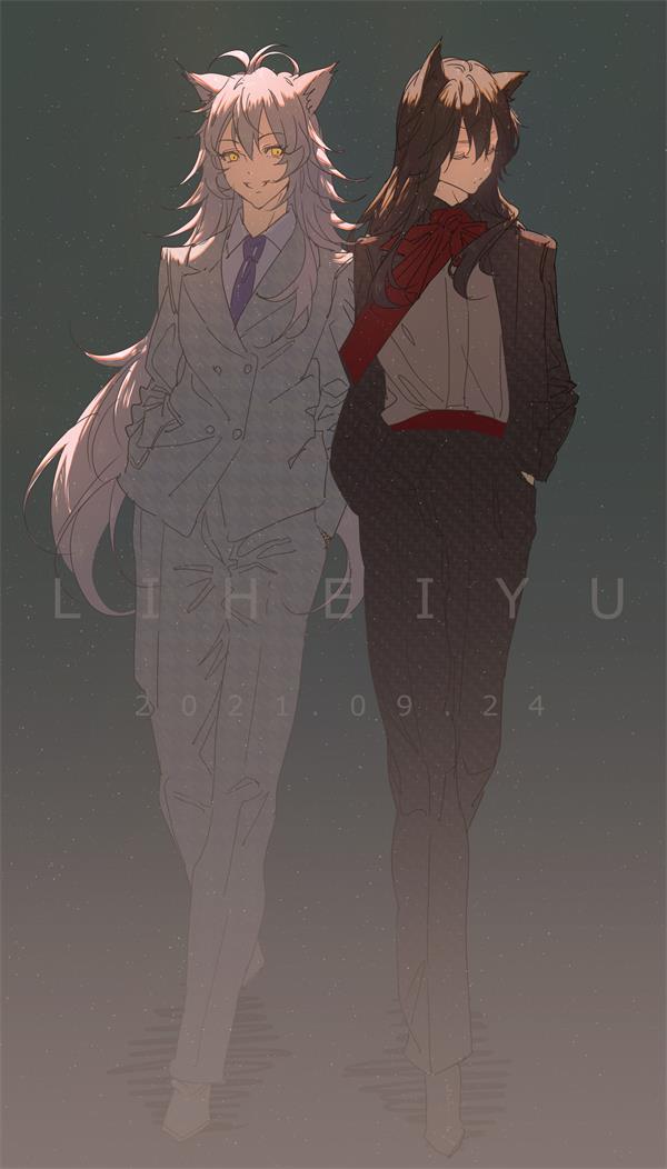 2girls anhei_dabai animal_ears arknights artist_name bangs belt black_hair black_jacket black_pants closed_eyes collared_shirt couple dated dress_shirt flipped_hair formal full_body grey_jacket grey_pants grey_suit hair_between_eyes hands_in_pockets jacket lappland_(arknights) long_hair long_sleeves looking_at_viewer multiple_girls necktie pants purple_nails red_scarf scarf shirt shoes silver_hair simple_background smile suit tail texas_(arknights) very_long_hair walking white_shirt wolf_ears wolf_tail yellow_eyes yuri