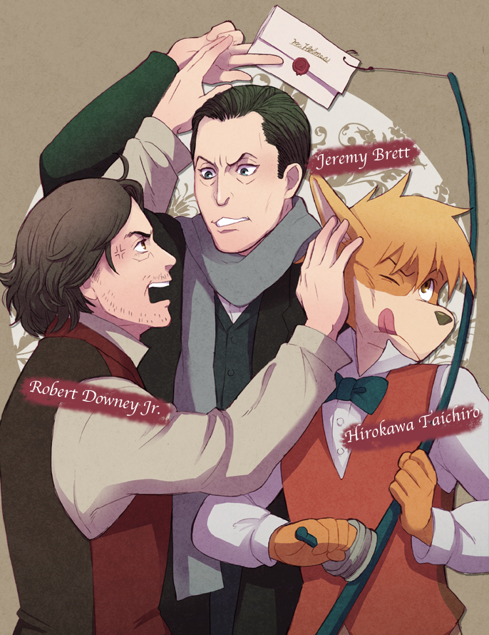 3boys ;q anger_vein arm_up between_fingers black_hair blue_eyes bow bowtie buttons character_name clenched_teeth coat collared_shirt crossover dog facial_hair fighting fishing_hook fishing_line fishing_rod furry green_hair hair_slicked_back hand_on_another's_face hirokawa_taichirou holding jeremy_brett letter long_sleeves looking_at_another meitantei_holmes multiple_boys mustache one_eye_closed open_mouth patterned_background profile pushing_away pushing_face reaching real_life real_life_insert robert_downey_jr. scarf sherlock_holmes sherlock_holmes_(1984_tv_series) sherlock_holmes_(meitantei_holmes) sherlock_holmes_(movie) shirt string teeth tongue tongue_out trait_connection upper_body vest yellow_eyes