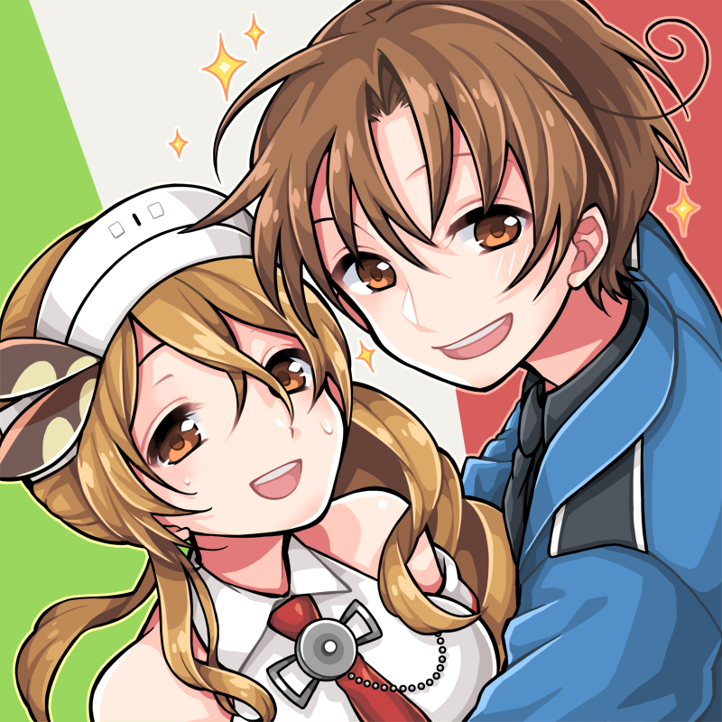 1boy 1girl :d ahoge axis_powers_hetalia bangs black_necktie black_shirt blonde_hair blush breasts brown_eyes brown_hair collared_shirt crossover flag_background hair_between_eyes harukoma hat hug italian_flag kantai_collection large_breasts littorio_(kantai_collection) long_hair long_sleeves looking_at_viewer military military_uniform necktie northern_italy_(hetalia) open_mouth orange_eyes red_necktie shirt skirt smile sparkle sweat trait_connection uniform upper_body