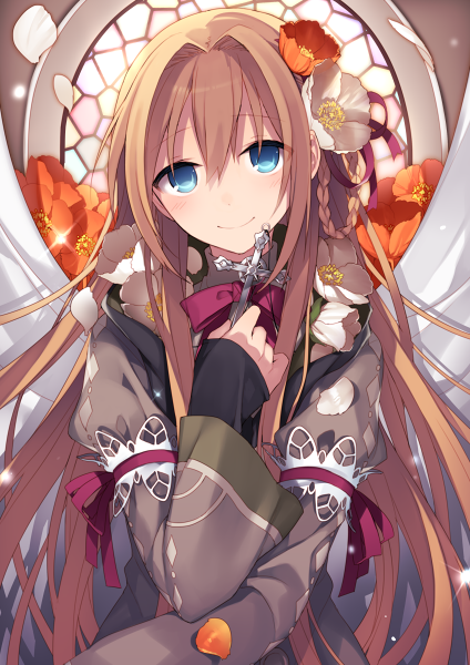 1girl angel_wings arm_ribbon blue_eyes braid brown_hair cross crucifix hair_flaps hijiri_(resetter) juliet_sleeves long_hair long_sleeves looking_at_viewer original petals puffy_sleeves ribbon smile solo upper_body very_long_hair wide_sleeves wings