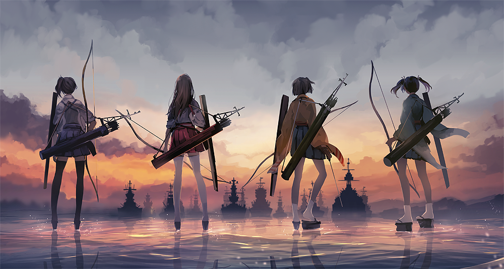 4girls akagi_(kantai_collection) arrow back black_legwear blue_hair bow_(weapon) brown_hair clouds cloudy_sky flight_deck from_behind hair_ribbon hakama_skirt hiryuu_(kantai_collection) japanese_clothes kaga_(kantai_collection) kantai_collection lineup long_hair long_sleeves military military_vehicle multiple_girls muneate nontraditional_miko nuriko-kun one_side_up outdoors quiver ribbon ship short_hair side_ponytail silhouette sky socks souryuu_(kantai_collection) standing straight_hair sunset thigh-highs twintails warship water watercraft weapon white_legwear wide_sleeves