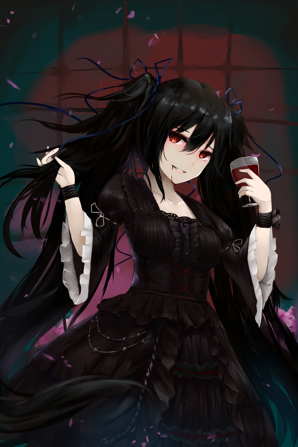 1girl black_dress black_hair blue_ribbon blush breasts collarbone cup dress drinking_glass hair_between_eyes hair_ribbon hand_in_hair head_tilt highres holding_glass long_hair original parted_lips poet red_eyes ribbon smile solo twintails very_long_hair wide_sleeves wine_glass wristband