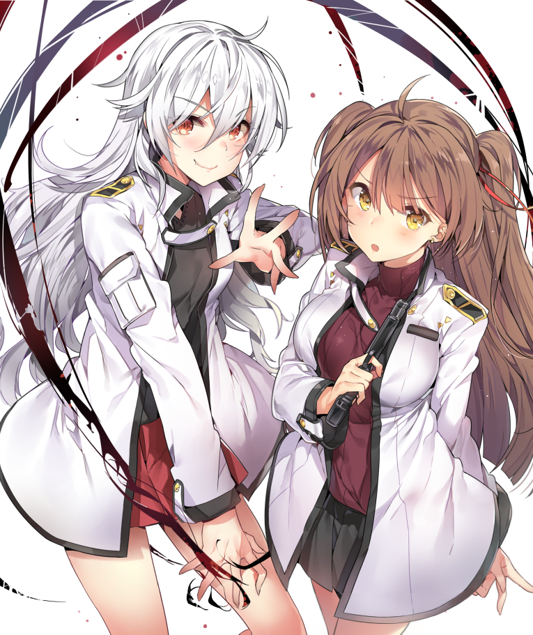 &gt;:o 2girls :o breasts brown_hair character_request cozyquilt fang_out glock gun handgun ignition_blood:_akatsuki_no_eiyuu long_hair multiple_girls red_eyes silver_hair simple_background skirt smile two_side_up uniform weapon