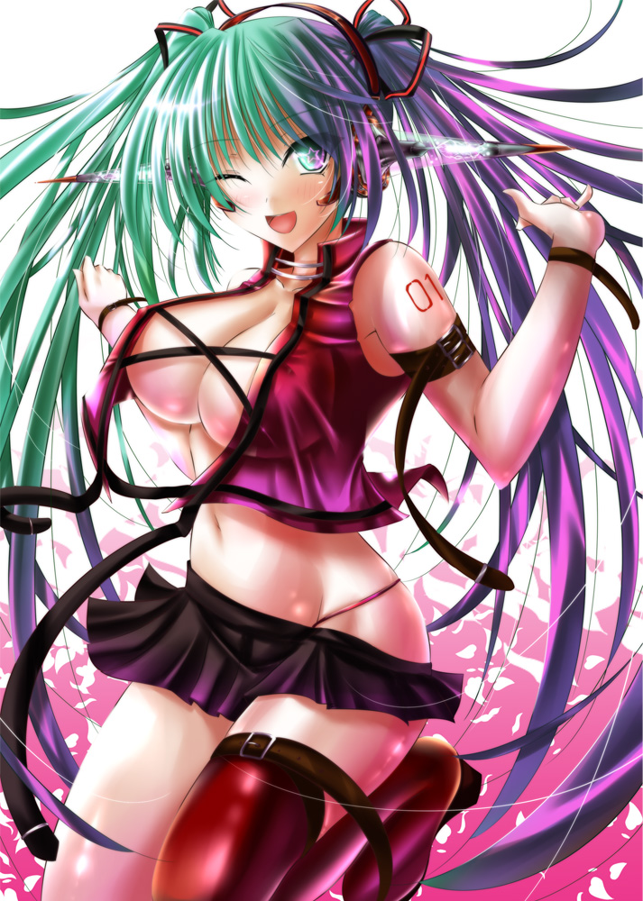1girl ;d akeyama_kitsune aqua_eyes aqua_hair arm_strap bare_shoulders bent_knees black_skirt blush breasts cleavage commentary_request crop_top groin hair_ribbon hatsune_miku headphones large_breasts long_hair looking_at_viewer miniskirt navel no_bra one_eye_closed open_mouth panty_straps red_legwear red_ribbon ribbon single_thighhigh skirt sleeveless smile solo star star-shaped_pupils symbol-shaped_pupils thigh-highs thigh_strap twintails very_long_hair vocaloid wardrobe_malfunction