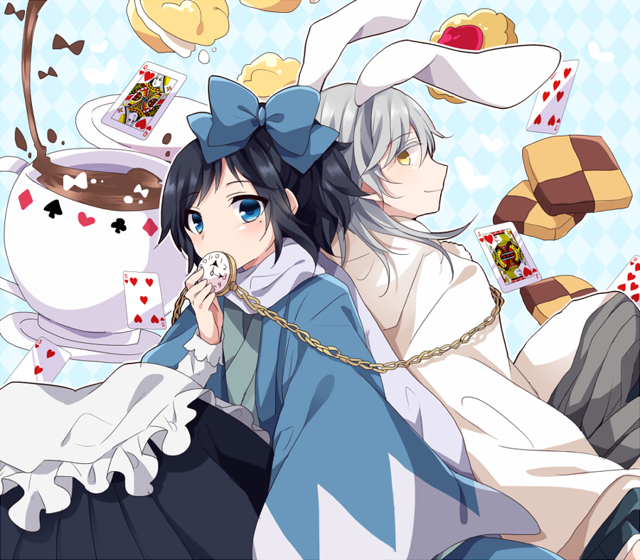 2boys alice_in_wonderland animal_ears apron back-to-back black_hair blue_eyes bow card checkerboard_cookie cookie cream_puff food hair_bow hakama haori japanese_clothes male_focus mole mole_under_eye multiple_boys playing_card pocket_watch ponytail rabbit_ears shinsengumi smile tea teapot touken_ranbu tsurumaru_kuninaga uguisu_mochi_(ykss35) watch white_hair yamato-no-kami_yasusada yellow_eyes