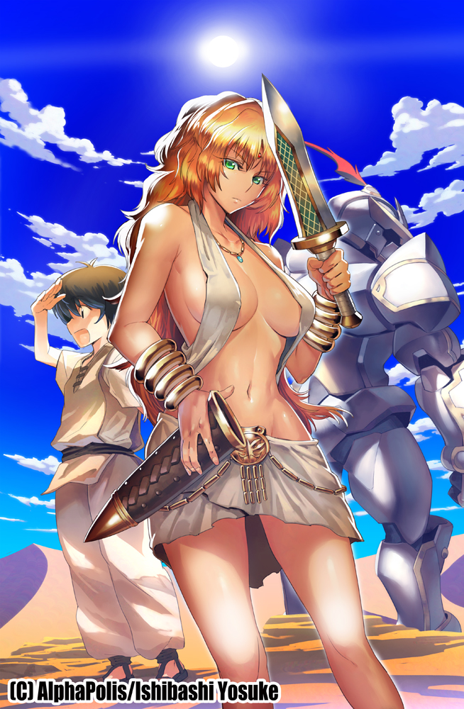 &gt;:( 1girl 2boys armor artist_name backlighting bare_shoulders bracelet breasts cleavage clouds cloudy_sky collarbone commentary_request copyright_name forehead_jewel full_armor green_eyes groin ishibashi_yosuke jewelry large_breasts looking_at_viewer multiple_boys navel necklace no_bra official_art open_mouth sash sheath short_sword sideboob sky sleeveless spirit_migration sun sword tunic weapon