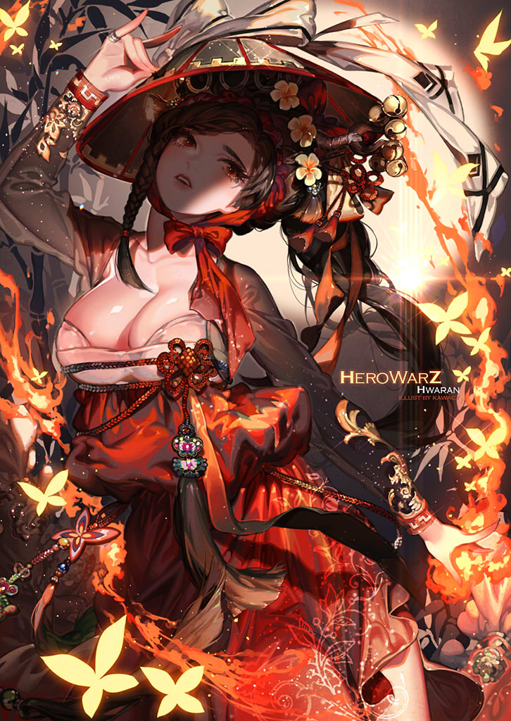 1girl arm_at_side arm_up artist_name bell black_hair bow braid breasts brown_hair butterfly character_name chin_strap cleavage closed_eyes collarbone copyright_name cowboy_shot fire floral_print flower fox_shadow_puppet glint glowing_butterfly hair_flower hair_ornament hair_ribbon hanbok hat head_tilt hero_warz hwaran jewelry jingle_bell kawacy knot korean_clothes leaning_to_the_side lens_flare light_particles lips long_hair long_sleeves looking_away looking_up red_bow red_eyes ribbon ring see-through see-through_silhouette shade shiny shiny_skin solo tassel