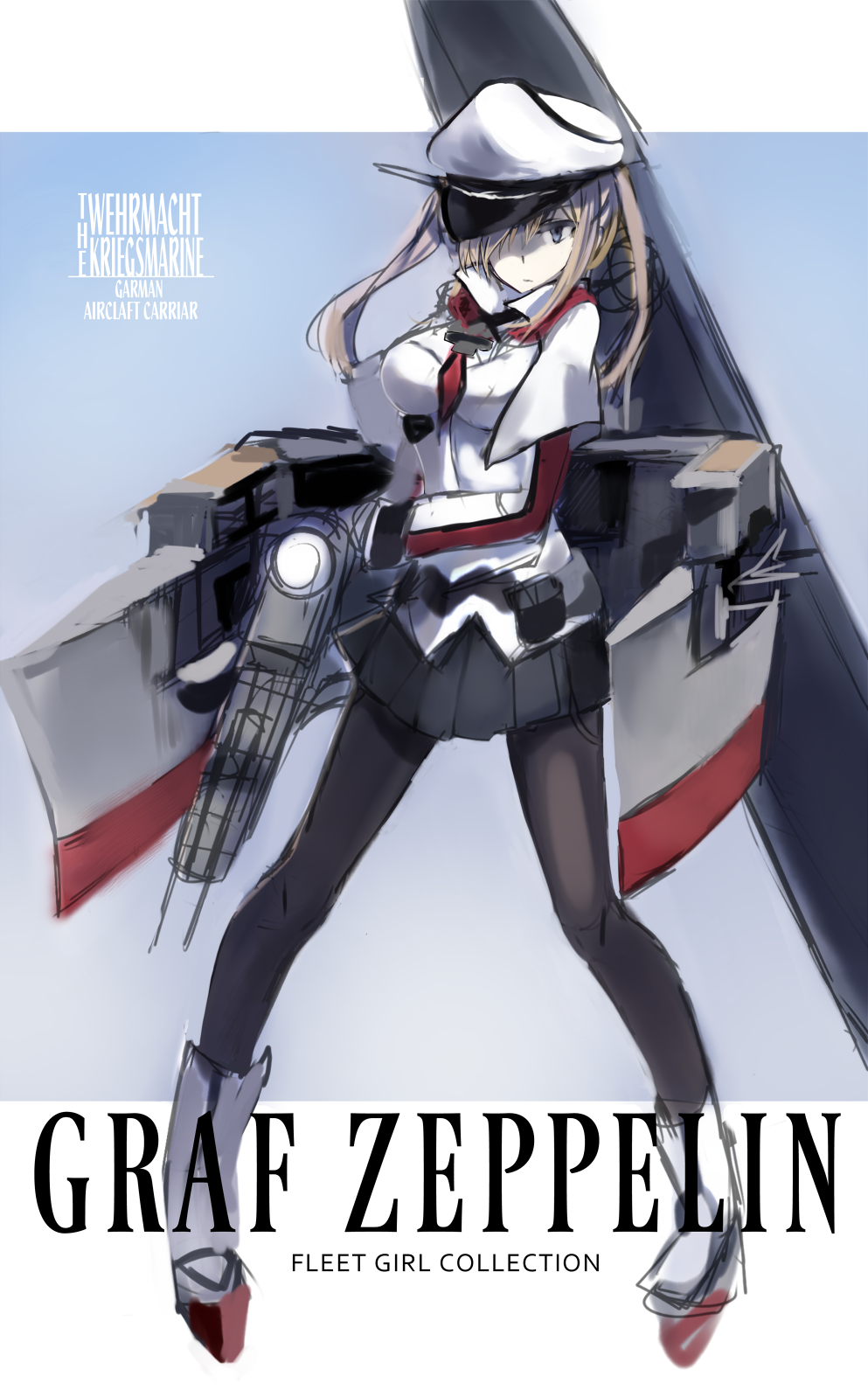 1girl black_legwear blonde_hair blue_background blue_eyes boots capelet character_name contrapposto engrish full_body german graf_zeppelin_(kantai_collection) gun hair_over_one_eye hat highres kantai_collection kinona long_sleeves looking_at_viewer machinery military military_uniform peaked_cap pigeon-toed pouch ranguage sketch skirt solo standing text twintails uniform weapon white_background