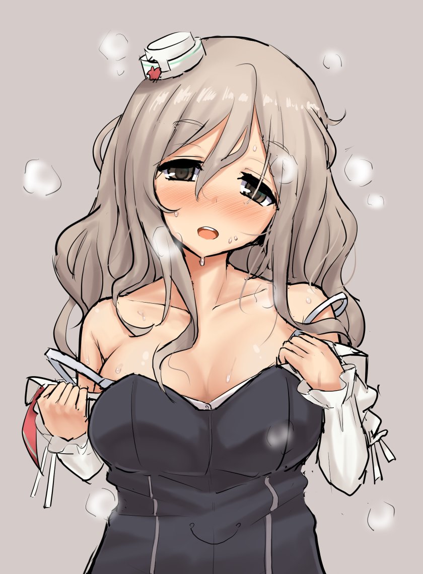 1girl bangs bare_shoulders blush breasts brown_eyes brown_hair cassandra_(seishun_katsu_sando) cleavage collarbone commentary eyebrows eyebrows_visible_through_hair grey_background hair_between_eyes heavy_breathing kantai_collection large_breasts long_hair long_sleeves looking_at_viewer nose_blush open_mouth pola_(kantai_collection) simple_background solo strap_slip sweat undressing upper_body wavy_hair