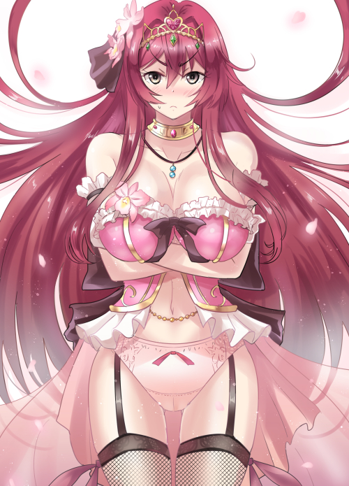 1girl black_bow bow bow_panties bra breasts cattleya_(flower_knight_girl) choker cleavage cowboy_shot crossed_arms flower flower_knight_girl frown hair_flower hair_ornament ishizu_kayu jewelry large_breasts long_hair necklace panties pink_panties redhead solo thigh_strap tiara underwear white_background yellow_eyes
