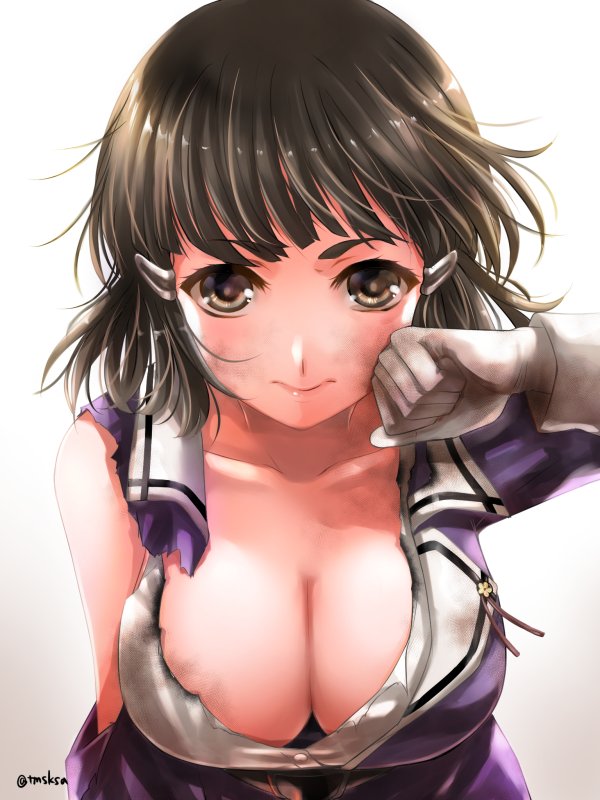 1girl breasts brown_eyes brown_hair burnt_clothes from_above gloves hair_bun hair_ornament kantai_collection large_breasts lips looking_at_viewer myoukou_(kantai_collection) serious short_hair tmsksa torn_clothes upper_body white_blouse white_gloves