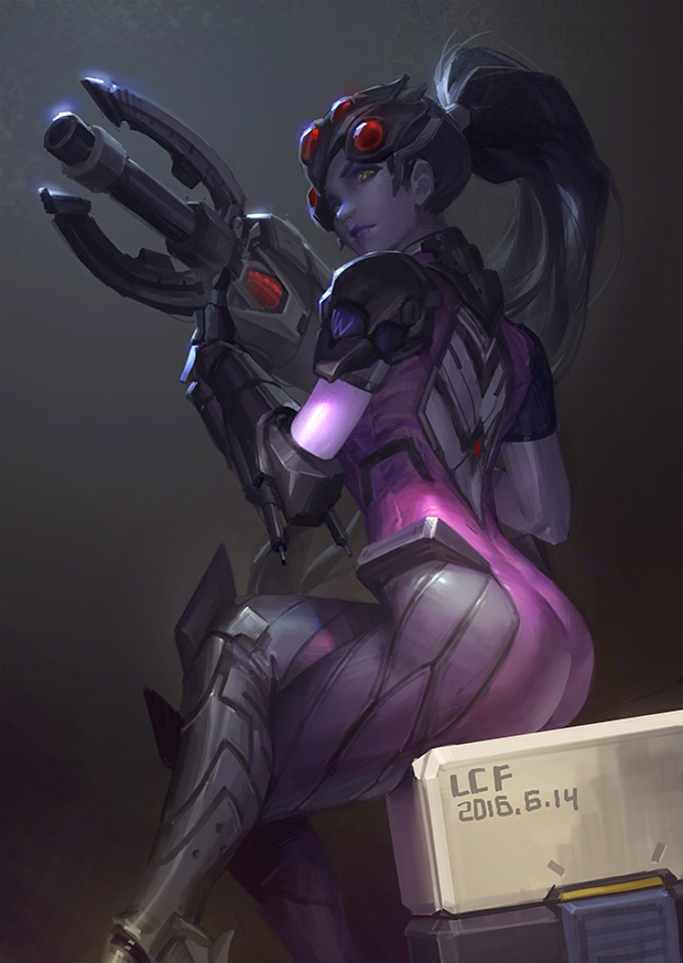 1girl armor armored_boots artist_name ass back bad_anatomy black_boots bodysuit boots box crossed_legs dated from_behind gauntlets gloves gun head_mounted_display helmet high_heel_boots high_heels holding holding_gun holding_weapon knee_boots li_chunfu lips long_hair looking_at_viewer looking_back overwatch pauldrons ponytail purple_hair purple_lips purple_skin rifle short_sleeves sitting skin_tight sniper_rifle solo thighs vambraces very_long_hair visor weapon widowmaker_(overwatch)