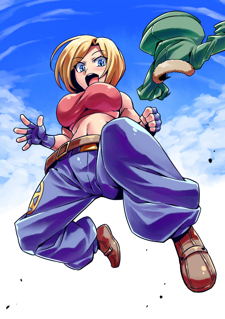 1girl baggy_pants bare_shoulders belt blonde_hair blue_eyes blue_mary crop_top fatal_fury fingerless_gloves gloves halter_top halterneck highres jacket midriff navel open_mouth pants short_hair snk solo straight_hair the_king_of_fighters tsuki_wani