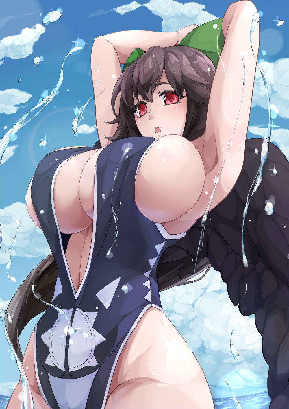 1girl :o armpits arms_up black_hair black_wings blue_sky bow breasts cleavage clouds cloudy_sky cowboy_shot green_bow hair_bow highres huge_breasts looking_at_viewer one-piece_swimsuit outdoors poini_(king-scarlet-dead) red_eyes reiuji_utsuho sky solo standing swimsuit touhou wet wings
