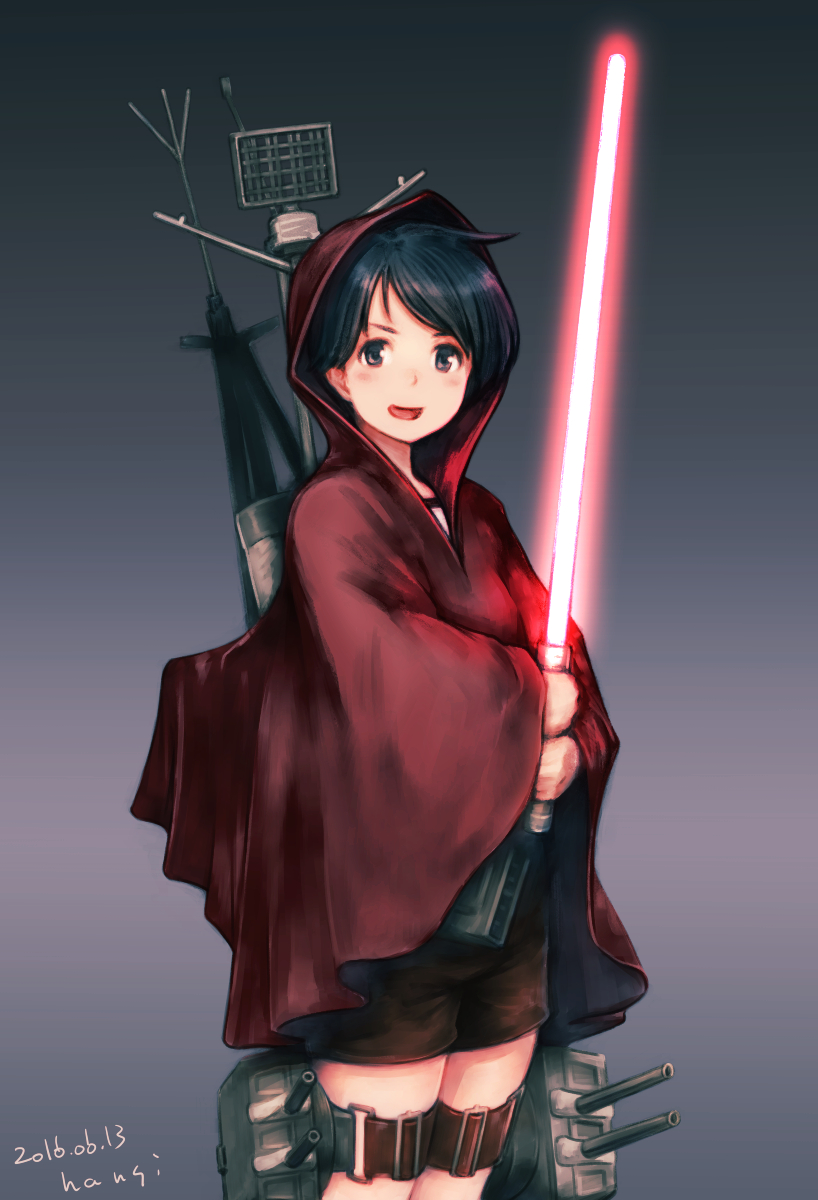 1girl 2016 :d aircraft bangs belt black_eyes black_hair blush book breasts brown_shorts buckle cannon cloak commentary_request cowboy_shot dark_background dated energy_sword gradient gradient_background hanji_(hansi) highres holding holding_book hood hooded_cloak kantai_collection lightsaber machinery mogami_(kantai_collection) open_mouth parody radar red_hood short_hair shorts signature smile solo star_wars swept_bangs sword thigh_strap turret weapon