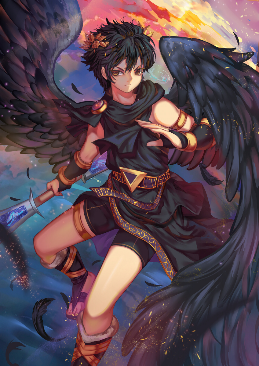 1boy angel_wings armlet aurora_rokudo black_hair brown_eyes dark_pit highres holding holding_weapon kid_icarus kid_icarus_uprising laurel_crown looking_at_viewer male_focus sandals solo toga weapon wings