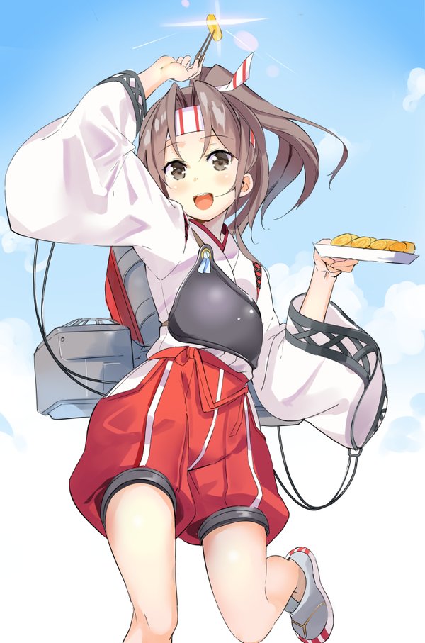 1girl arm_up blue_sky brown_eyes brown_hair chopsticks clouds food hachimaki headband high_ponytail japanese_clothes kantai_collection leg_up long_hair long_sleeves looking_at_viewer machinery maji_(etonato) muneate omelet open_mouth ponytail round_teeth sandals sky smile socks solo sparkle tamagoyaki teeth white_legwear wide_sleeves zuihou_(kantai_collection)