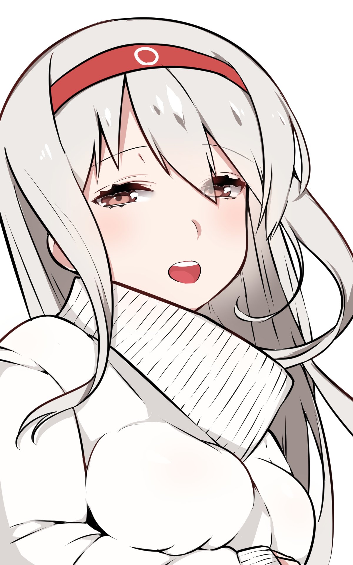 1girl :o blush breast_hold breasts close-up hairband half-closed_eyes highres kantai_collection long_hair long_sleeves looking_at_viewer mitsudoue open_mouth red_eyes round_teeth shoukaku_(kantai_collection) simple_background solo sweater teeth turtleneck upper_body white_background white_hair
