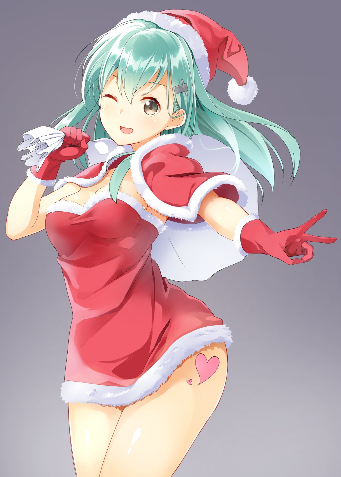 1girl brown_eyes byte_(allbyte) capelet fur_trim gloves green_hair hair_ornament hairclip hat heart highres kantai_collection long_hair looking_at_viewer one_eye_closed red_gloves sack santa_costume santa_hat simple_background smile solo standing suzuya_(kantai_collection) v