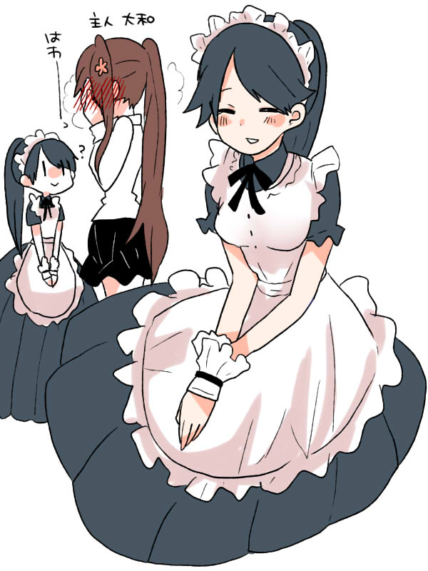 2girls :&gt; ? alternate_costume apron black_hair blush brown_hair closed_eyes commentary_request covering_face dress enmaided houshou_(kantai_collection) kantai_collection long_hair maid maid_headdress moi1416 multiple_girls partially_translated ponytail smile translation_request very_long_hair yamato_(kantai_collection) |_|