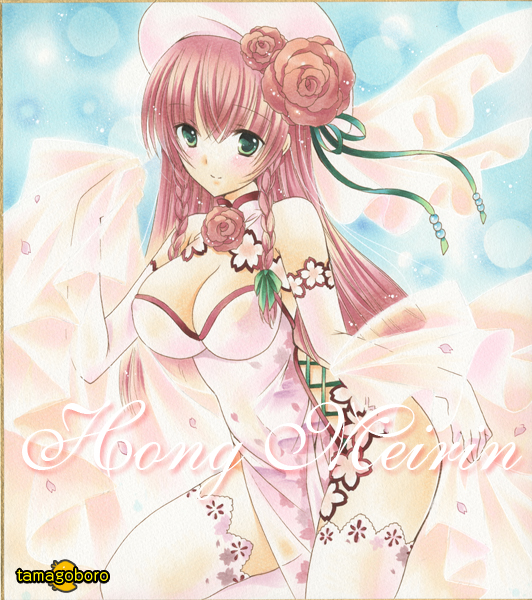 1girl artist_name beret blush braid breasts character_name china_dress chinese_clothes cleavage cleavage_cutout dress elbow_gloves flower gloves green_eyes hair_flower hair_ornament hat hong_meiling large_breasts long_hair looking_at_viewer petals pink_dress pink_gloves pink_hat pink_legwear red_rose redhead rose shawl side_braid side_slit smile solo tamagoboro thigh-highs touhou traditional_media twin_braids