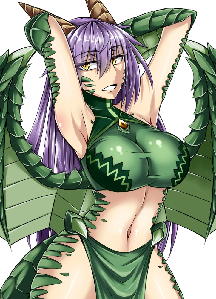 1girl armpits arms_behind_head arms_up breasts cowboy_shot dragon_(monster_girl_encyclopedia) dragon_girl dragon_wings horns large_breasts long_hair looking_at_viewer monster_girl monster_girl_encyclopedia navel open_mouth pelvic_curtain purple_hair sanmotogoroo scales simple_background slit_pupils solo tail white_background wings yellow_eyes
