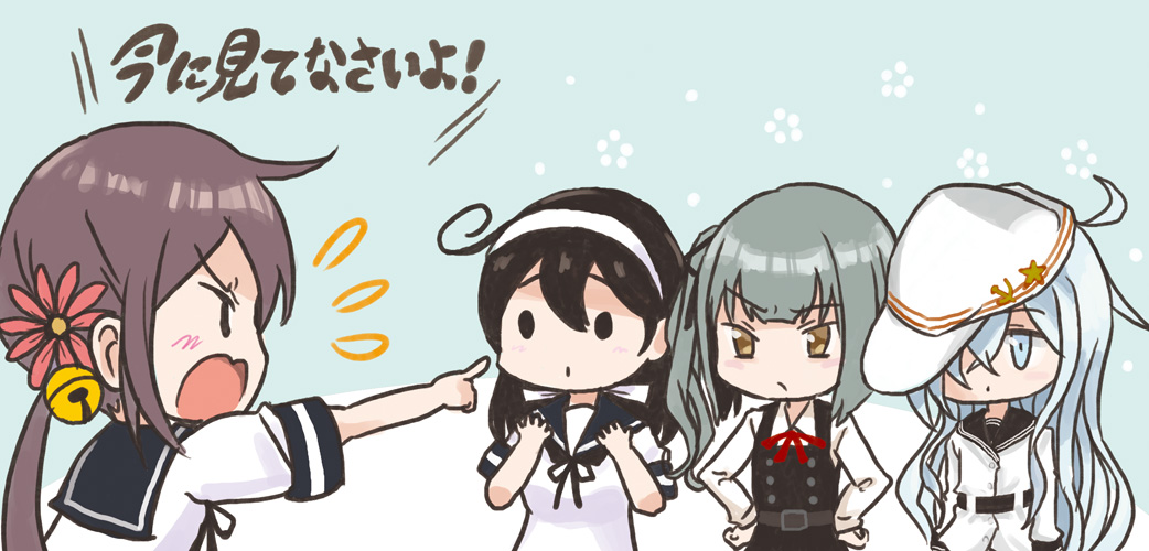 4girls ahoge akebono_(kantai_collection) bell black_hair commentary_request flower gloves green_hair hair_bell hair_flower hair_ornament hairband hands_on_hips hat hat_over_one_eye hibiki_(kantai_collection) jumper kantai_collection kasumi_(kantai_collection) long_hair multiple_girls neck_ribbon neckerchief otoufu pointing purple_hair remodel_(kantai_collection) ribbon school_uniform serafuku shouting side_ponytail silver_hair ushio_(kantai_collection) verniy_(kantai_collection)