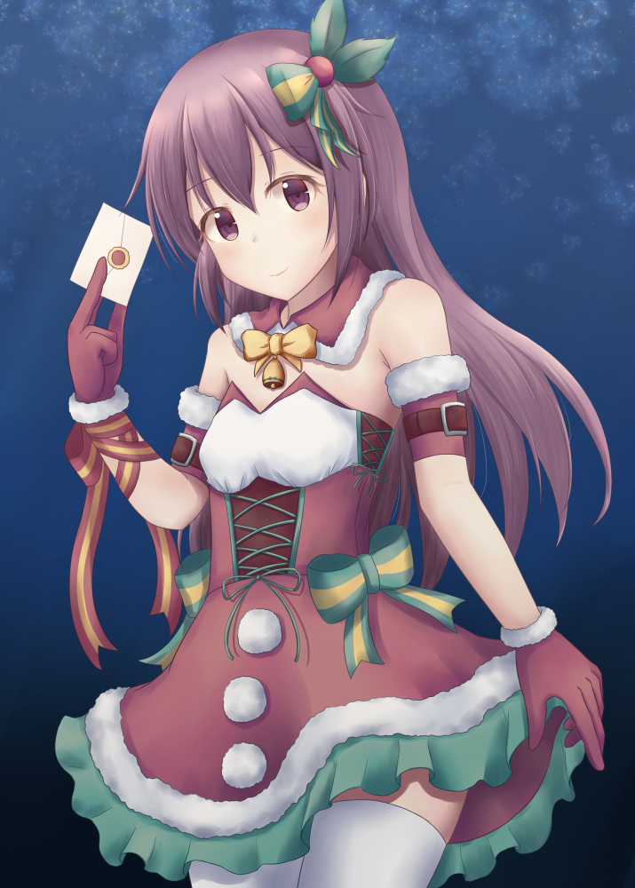 1girl alternate_costume armband belt brown_eyes brown_hair card christmas collar corset dress frilled_dress frills gloves hair_ribbon kantai_collection kisaragi_(kantai_collection) lace long_hair minakami_mimimi red_dress red_gloves ribbon solo thigh-highs white_legwear