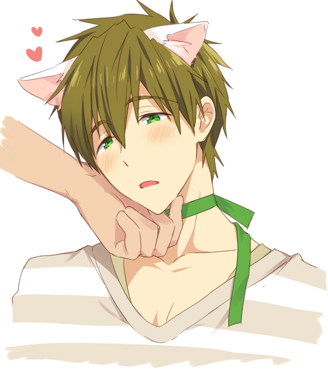 1boy animal_ears blush brown_hair cat_ears chin_stroking choker free! funikurikurara green_eyes heart male_focus open_mouth short_hair solo_focus tachibana_makoto