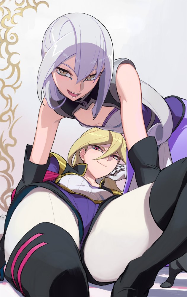 2girls all_fours blonde_hair boots foreshortening gloria_tyler gloves grace_tyler long_hair lying multiple_girls on_back open_mouth red_eyes siblings silver_hair smile thigh-highs thigh_boots twins washi_no_tosaka yellow_eyes yuu-gi-ou yuu-gi-ou_arc-v