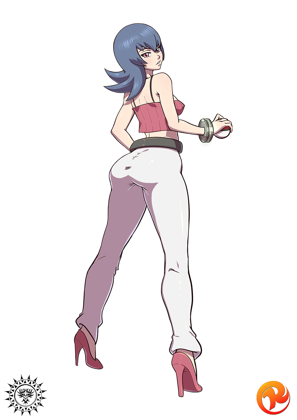1girl ass belt black_hair bracelet covered_nipples crop_top from_behind full_body gym_leader high_heels highres jewelry long_legs looking_back maniacpaint natsume_(pokemon) poke_ball pokemon pokemon_(game) pokemon_hgss short_hair solo spaghetti_strap violet_eyes white_background
