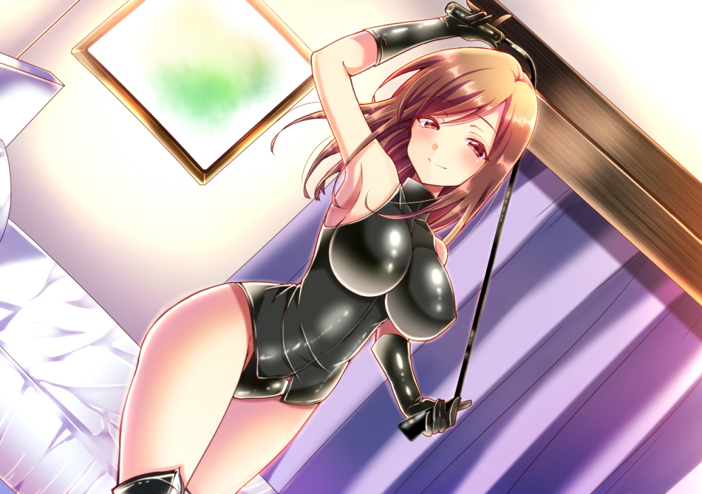 1girl arm_up armpits bangs bed black_boots black_gloves black_panties black_shirt blush boots breasts brown_eyes brown_hair chihiro_(oimo) closed_mouth curtains dutch_angle eyebrows eyebrows_visible_through_hair frame gloves holding holding_weapon impossible_clothes impossible_shirt indoors large_breasts long_hair looking_at_viewer no_pants official_art original panties shirt skin_tight sleeveless smile solo standing underwear wall weapon whip