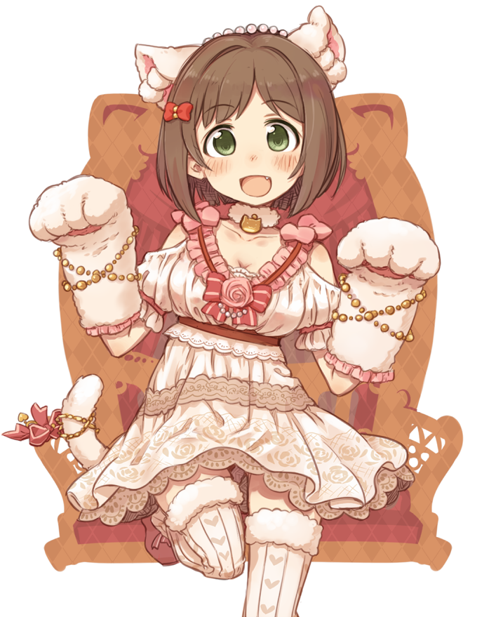 1girl 7010 :d animal_ears bow breasts brown_hair cat_ears cat_paws cat_tail cleavage dress fang gloves green_eyes hair_bow idolmaster idolmaster_cinderella_girls looking_at_viewer maekawa_miku open_mouth paw_gloves paw_pose paws short_hair smile solo tail tail_bow tail_ornament thigh-highs white_dress white_legwear