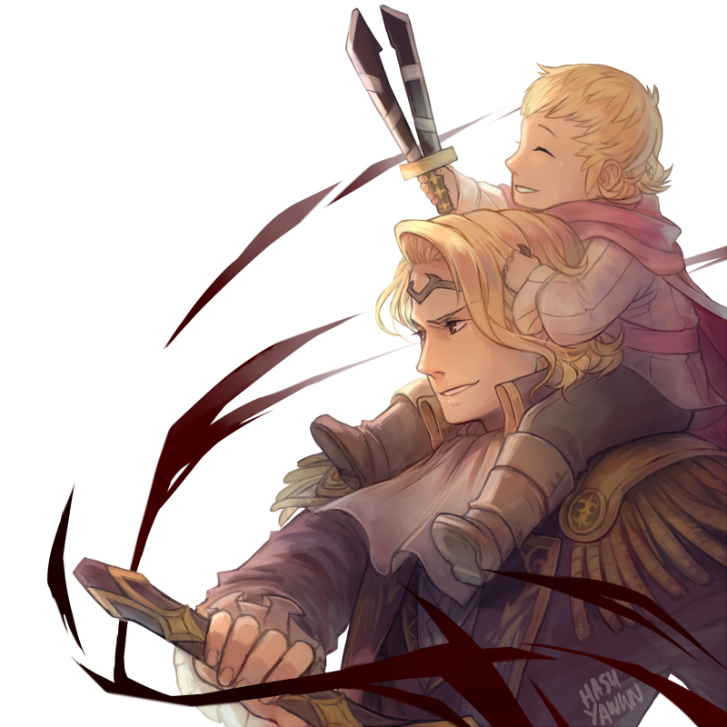 2boys artist_name blonde_hair boots brown_eyes cape child closed_eyes epaulettes father_and_son fire_emblem fire_emblem_if hasuyawn marx_(fire_emblem_if) multiple_boys siegbert_(fire_emblem_if) simple_background sword teeth tiara weapon white_background